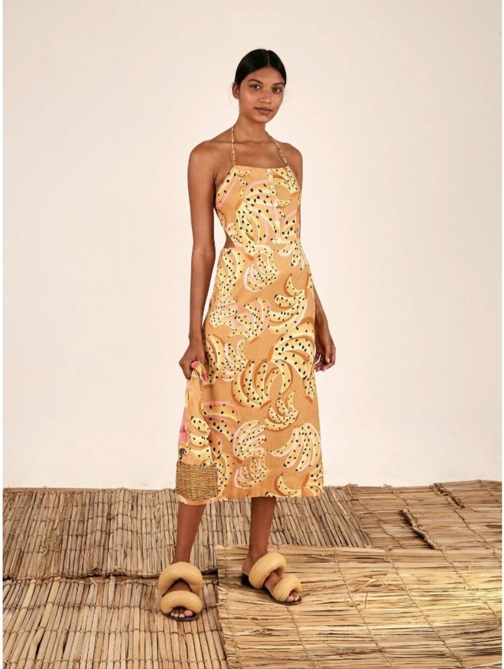 Farm Rio Caramel Raining Bananas Linen Midi Dress Size XS Tan Yellow Tassels